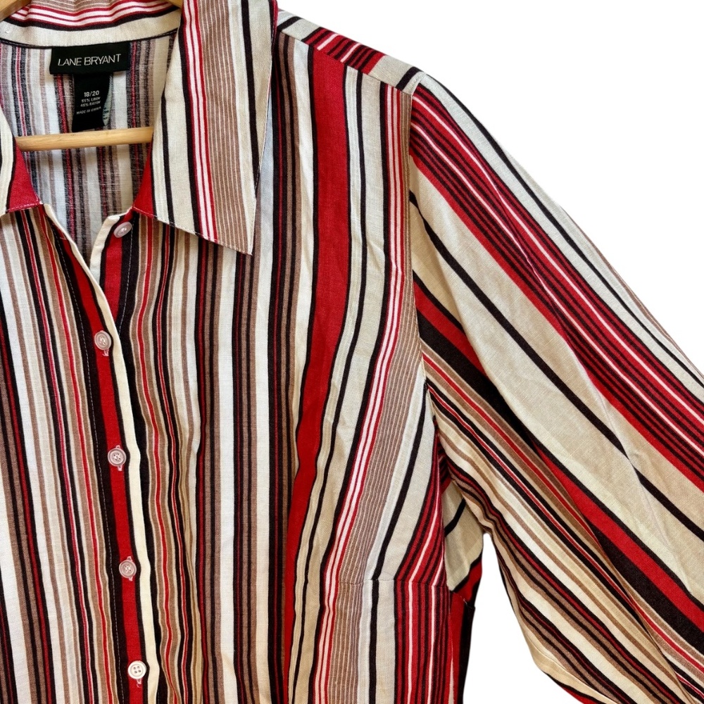 Lane Bryant Shirt Women 18/20 Plus Red Striped Button Up Collared 3/4 Sleeve - Picture 4 of 8